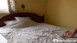 arousing blonde in leggings masturbates her small tits