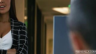 Freya Parker rides Oliver Davis intensely, her small tits bouncing in hardcore action.