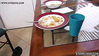 Petite Rico sucks stepbro's banana. She explores food play with old partner.