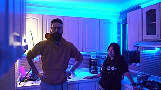 Linda takes off her clothes in the hot kitchen for blowjob and sex