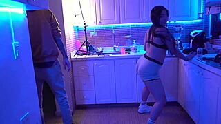 Linda takes off her clothes in the hot kitchen for blowjob and sex