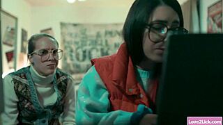 busty babe in a group scene with two teen girls. they explore each other playfully.