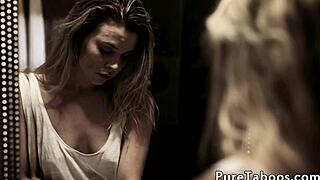 Young blonde babe pussyfucks guy after shower in bathroom.