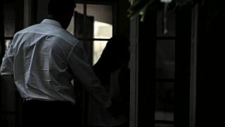 Young blonde babe pussyfucks guy after shower in bathroom.