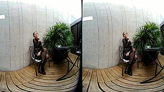 young girl feels free smoking topless in leather skirt on vrpussyvision