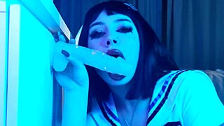 beauty in student costume sucks rubber dick and fucks pussy - peachgardens