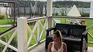 skinny blonde teen stretches early morning workout routine