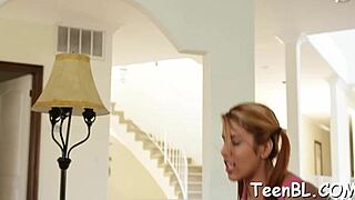 Alluring cutie charms hunks with wet deepthroat blowjob and facial