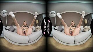 I watch solo blonde Kira tease and masturbate with toys in VR