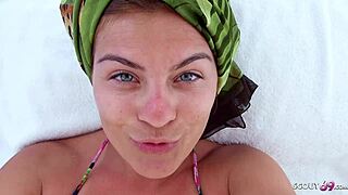 Young German couple engages in hardcore deepthroat and sloppy sucking at the beach pavilion.