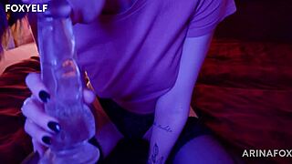 while my parents are away, arinafox plays with her shaved pussy using a dildo