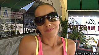 latina girl blowing boyfriend outdoors. displaying big tits and perfect body