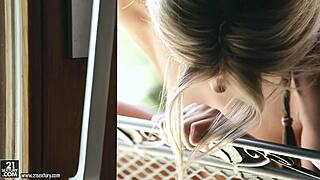 Hey, check this skinny babe working her hairless slit outdoors!