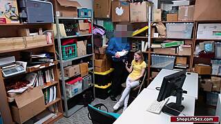 Petite shoplifter bends over for security officer in office fuck