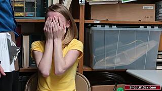 Petite shoplifter bends over for security officer in office fuck