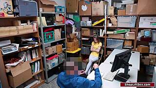 Petite shoplifter bends over for security officer in office fuck