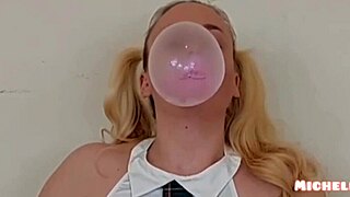 The blonde student says, 'Watch me blow bubbles with my pigtails!'