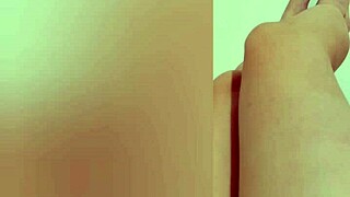 Shy hottie shows sexy legs and footjob