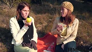 Feminge 4K - Brunette Lesbians Lick And Scissor Outdoors With Strapon