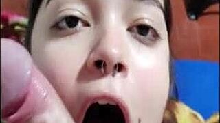 In this scene, the cute teen 18+ gives a deepthroat blowjob to the babe before bed.