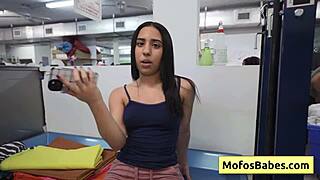 Petite brunette teen Nikki Mars sucks Jason Legend's cock in a public laundromat