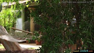 Cockhungry teen enjoys fucking new neighbor outdoors