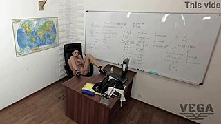 in the classroom, a beautiful teen masturbates roughly to orgasm.