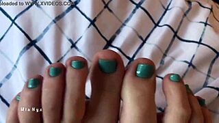 In bed with my bare feet and fresh blue pedicure mianyx foot fetish and toes tease