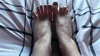 In bed with my bare feet and fresh blue pedicure mianyx foot fetish and toes tease