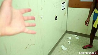 sexy ebony helps with a white guy's handjob