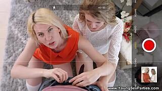 Young threesome with bisexual teens Aurora Sky and Clockwork Victoria riding and doggystyling