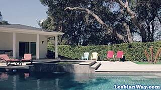 lesbian milf and busty teen get close while scissoring