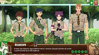 Teen friends seek scoutmaster's permission in game camp episode with Russian voiceover.