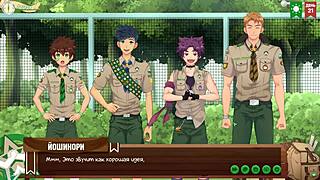 Teen friends seek scoutmaster's permission in game camp episode with Russian voiceover.
