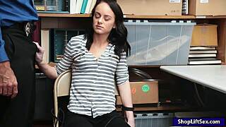 Petite brunette thief Kylie Martin receives blowjob from black LP officer in office