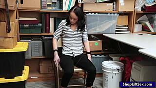 Petite brunette thief Kylie Martin receives blowjob from black LP officer in office