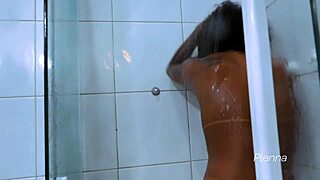 Brunette teen shower in college dorm