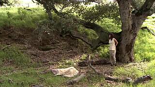 Girl In Costumes Plays With Pussy Outdoors In Woods During Solo Masturbation