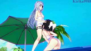 Miku Kohinata and Laura Bodewig Lesbian Play in Symphogear Hentai