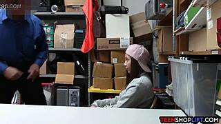 Security guard catches petite brunette teen stealing in store, leads to blowjob encounter