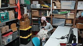 Security guard catches petite brunette teen stealing in store, leads to blowjob encounter