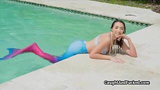 wet mermaid riding big cock by the pool