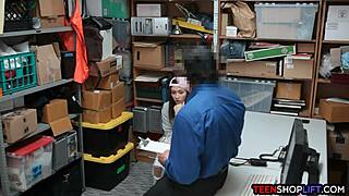 Security guard catches petite brunette teen stealing in store, leads to blowjob encounter