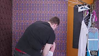 brunette submissive licks master before cum shower 😈