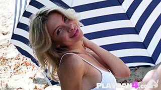 Blonde teen Eva Tali exposes petite body in outdoor posing