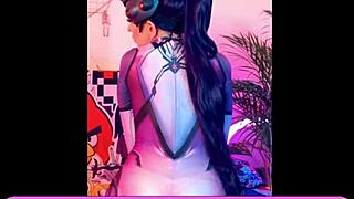 alicebong in widowmaker cosplay using toys for overwatch scene