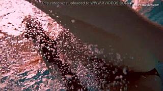 Underwater mermaid Vesta, a horny teen, teases in bikini by the pool