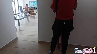 while my husband plays, his uncle fucks me hard in the living room corner and creampies my pussy