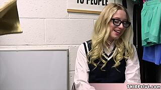 The cute bespectacled blonde teen gets caught shoplifting and now she has to pay for it: her tiny and nerdy pussy is to be surrendered