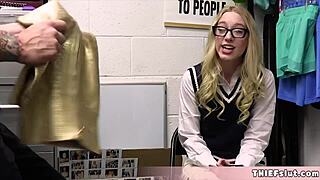 The cute bespectacled blonde teen gets caught shoplifting and now she has to pay for it: her tiny and nerdy pussy is to be surrendered